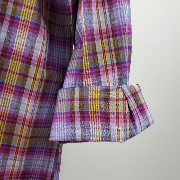 Alan Flusser Pink Plaid Casual Button Up Golf Top - Picture 3 of 6